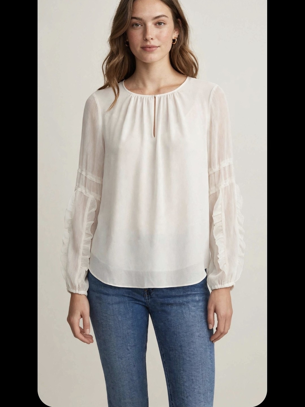 Worthington Ivory Ruffle-Sleeve Keyhole Blouse